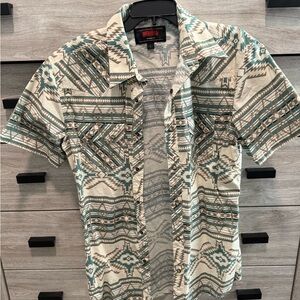 Rock & Roll Denim Cream and Green Geometric Button Down Shirt